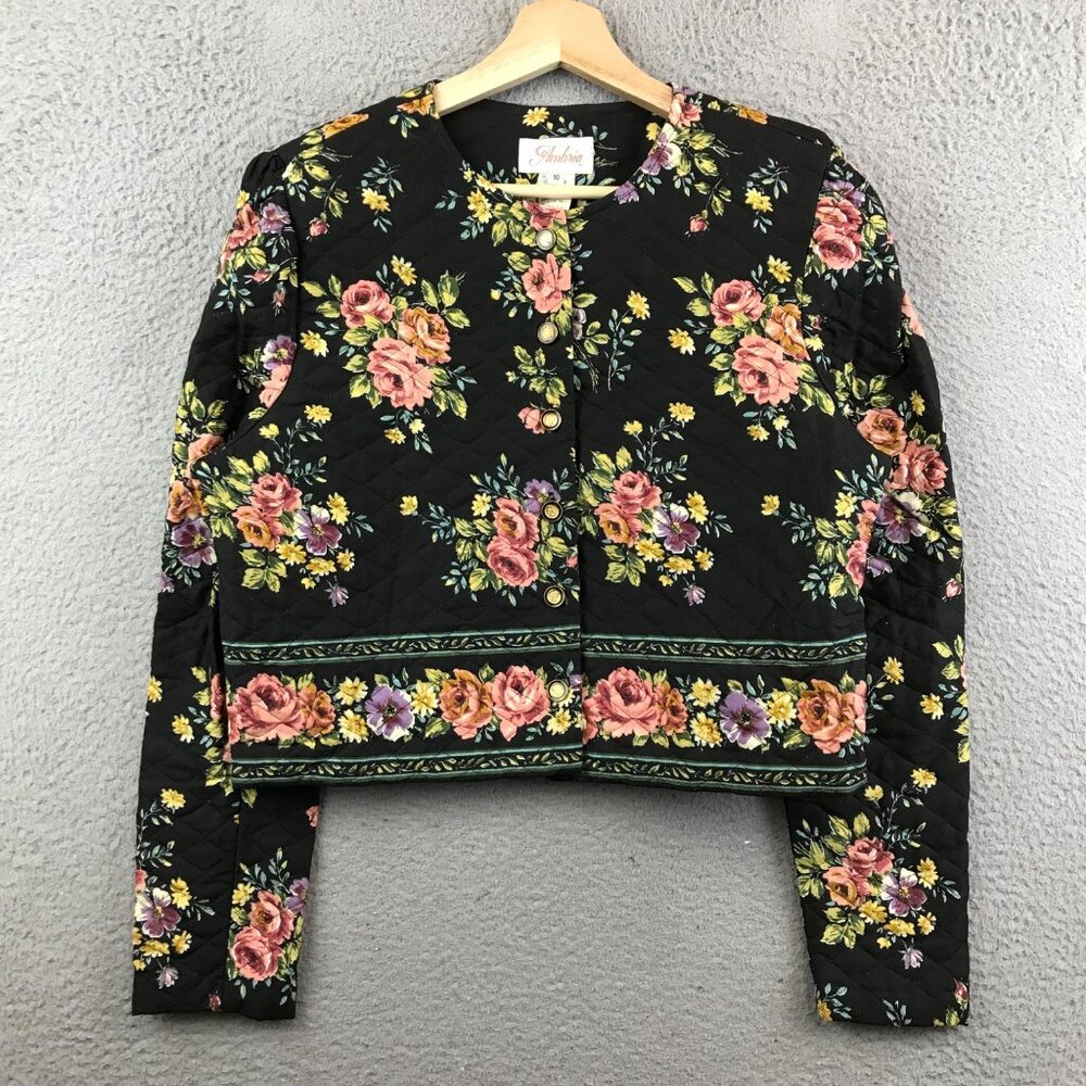 Ambria Womens Size 10 Quilted Floral Jacket With‎ Button Closure & Long Sleeves